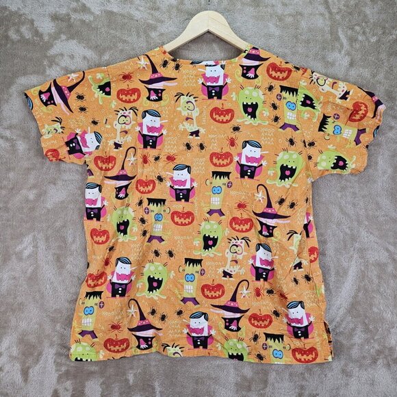 UA Scrubs Halloween Scrubs Frankenstein Vampire Pumpkin Womens XL Orange Pockets - Picture 2 of 10